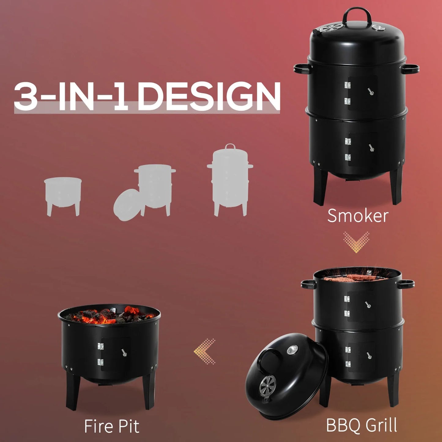 US 3-In-1 Outdoor BBQ Charcoal Smoker & Grill