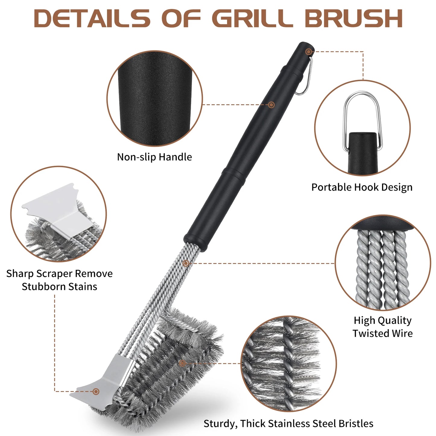 Stainless Steel Grill Brush with Scraper, 19 in Grill Brush